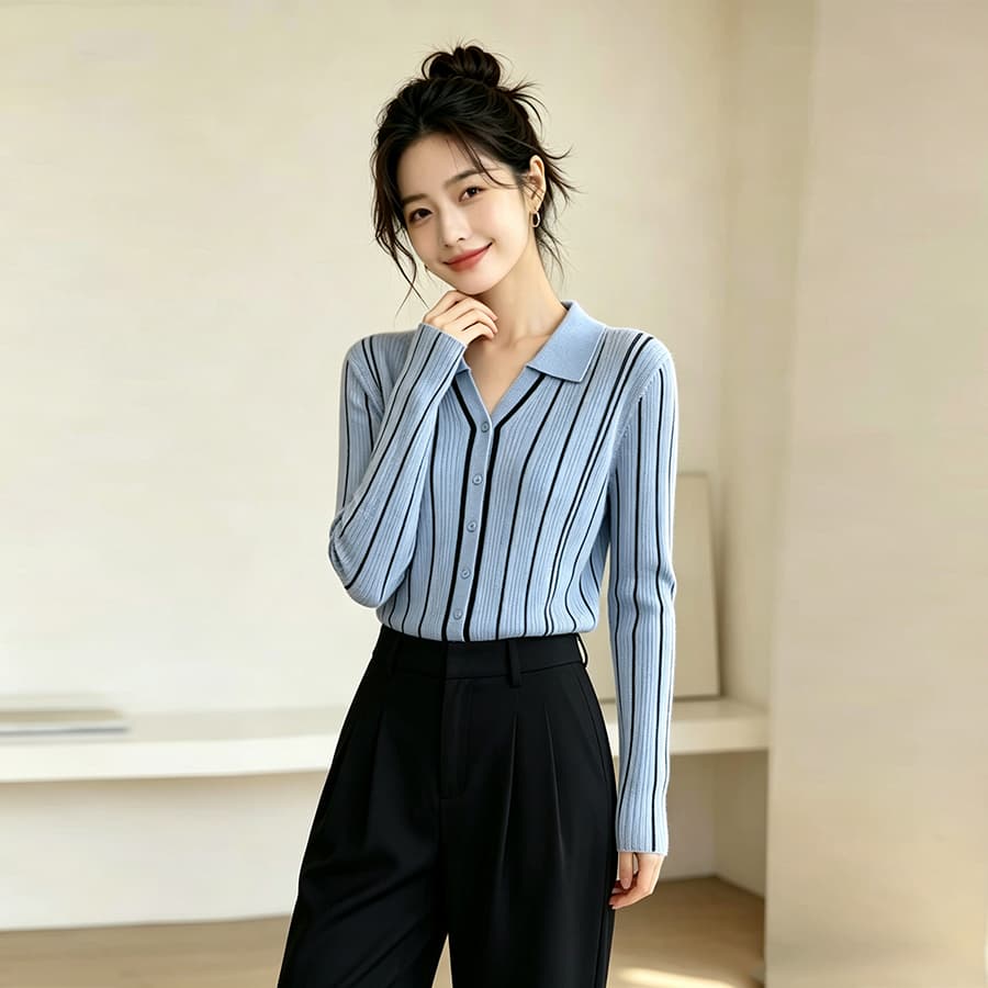정가 오래된 돈 바람 스트라이프 폴로 칼라 긴팔 여성 셔츠 가을 새로운 프랑스식 품격 니트 오픈 가디건 맨위 상세 이미지 7