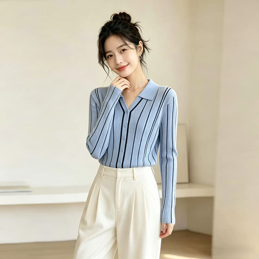 정가 오래된 돈 바람 스트라이프 폴로 칼라 긴팔 여성 셔츠 가을 새로운 프랑스식 품격 니트 오픈 가디건 맨위 상세 이미지 8