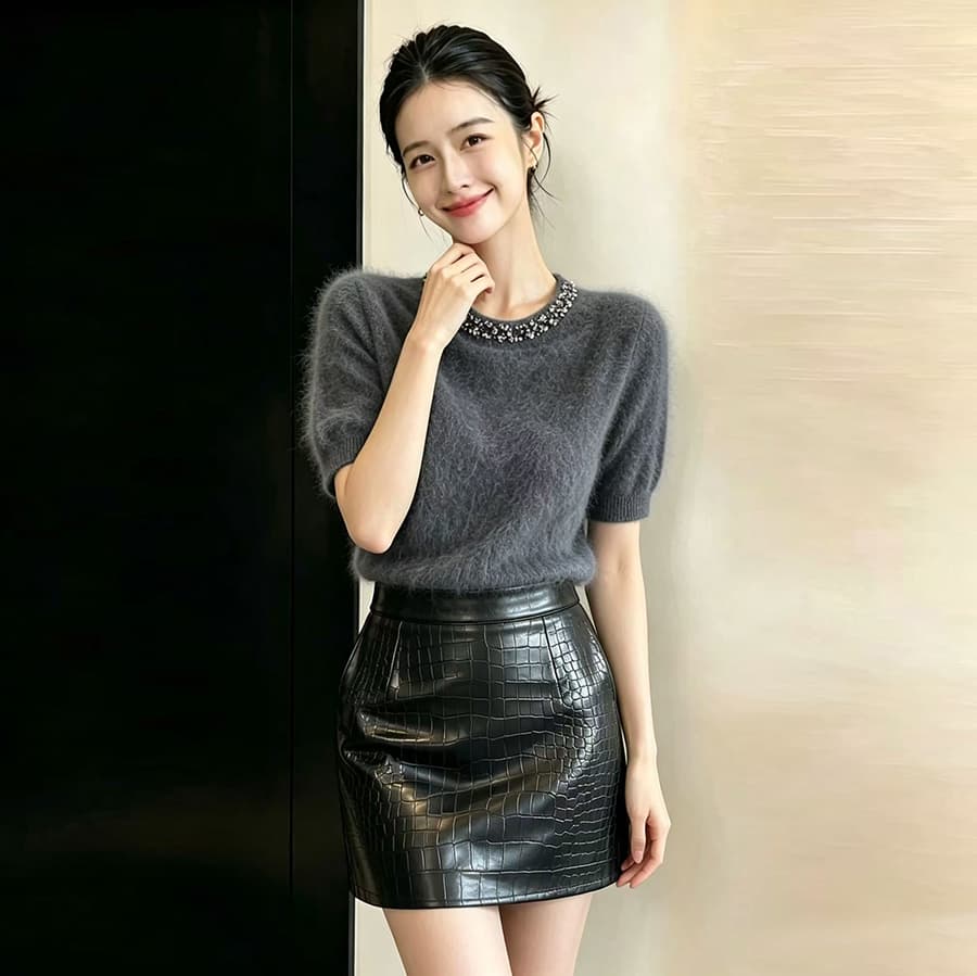 빛 럭셔리 무거운 작업 양모 양모 반팔 니트 스웨터 봄 가을 라운드 넥 비즈 박기 루즈핏 슬림해 보이는 고급 센스 스웨터 여성 의류 이미지 4