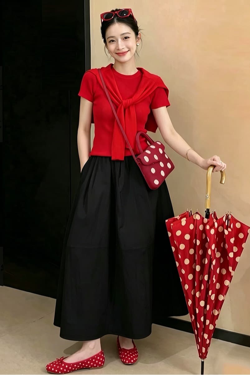 빨간색 니트 반팔 여성 여름 Chic 디자인 센스 작은 대중 2026 가을 고유 한 아름다운 ~ 중 페이크 레이어드 맨위 이미지 6