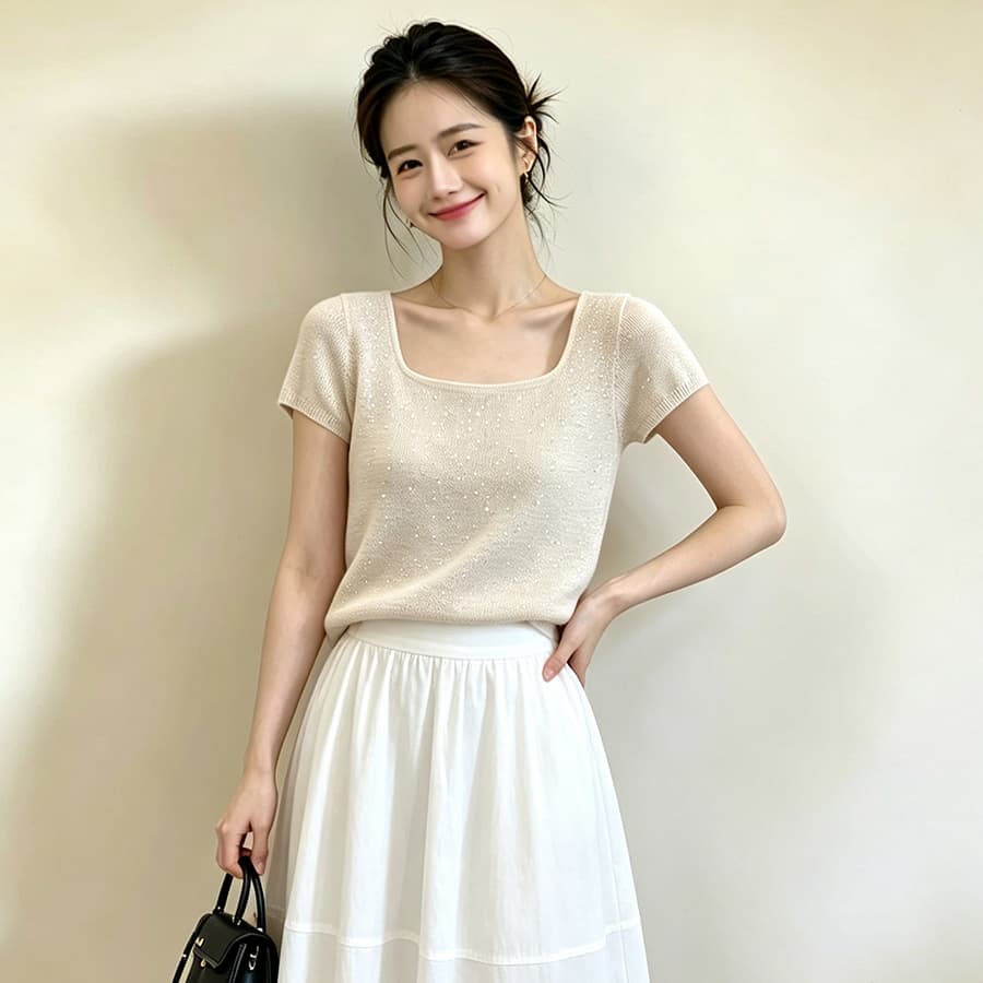한 부서 대 네클라인 니트 인사이드 가져 가라. 기본 셔츠 여성 가을 겨울 고급 센스 몸매 가꾸기 슬림해 보이는 광장 칼라 쇄골 반팔 맨위 이미지 4