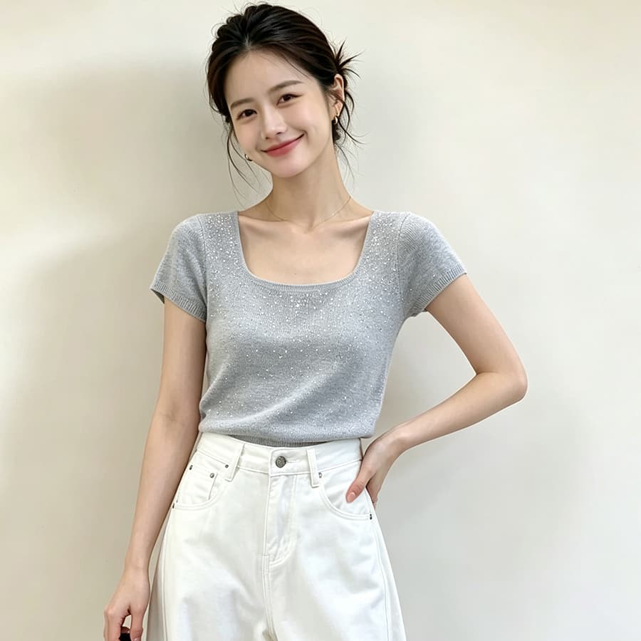 한 부서 대 네클라인 니트 인사이드 가져 가라. 기본 셔츠 여성 가을 겨울 고급 센스 몸매 가꾸기 슬림해 보이는 광장 칼라 쇄골 반팔 맨위 상세 이미지 1