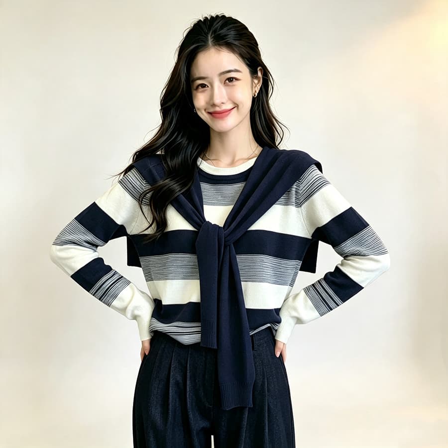 라운드 넥 털 니트 스웨터 스트라이프 레이스업 긴팔 풀오버 여자 인사이드 가져 가라. 외출용 일상 출퇴근 숄 이른 가을 새로운 이미지 4
