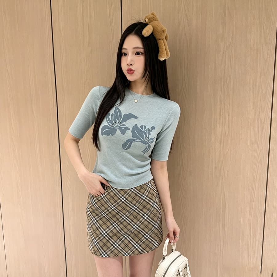 실사 여름 새로운 한국 스타일 순수한 욕망 바람 양모 실 꽃 프린트 몸매 가꾸기 슬림해 보이는 핫걸 니트 스웨터 맨위 여성 상세 이미지 2