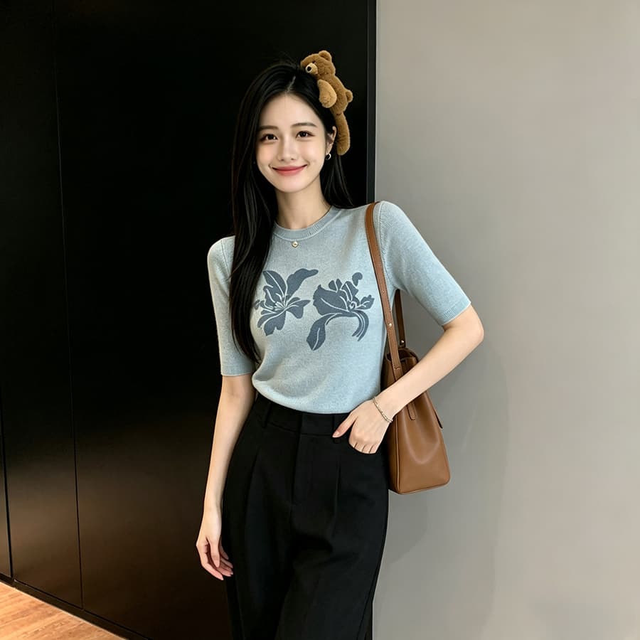 실사 여름 새로운 한국 스타일 순수한 욕망 바람 양모 실 꽃 프린트 몸매 가꾸기 슬림해 보이는 핫걸 니트 스웨터 맨위 여성 상세 이미지 5