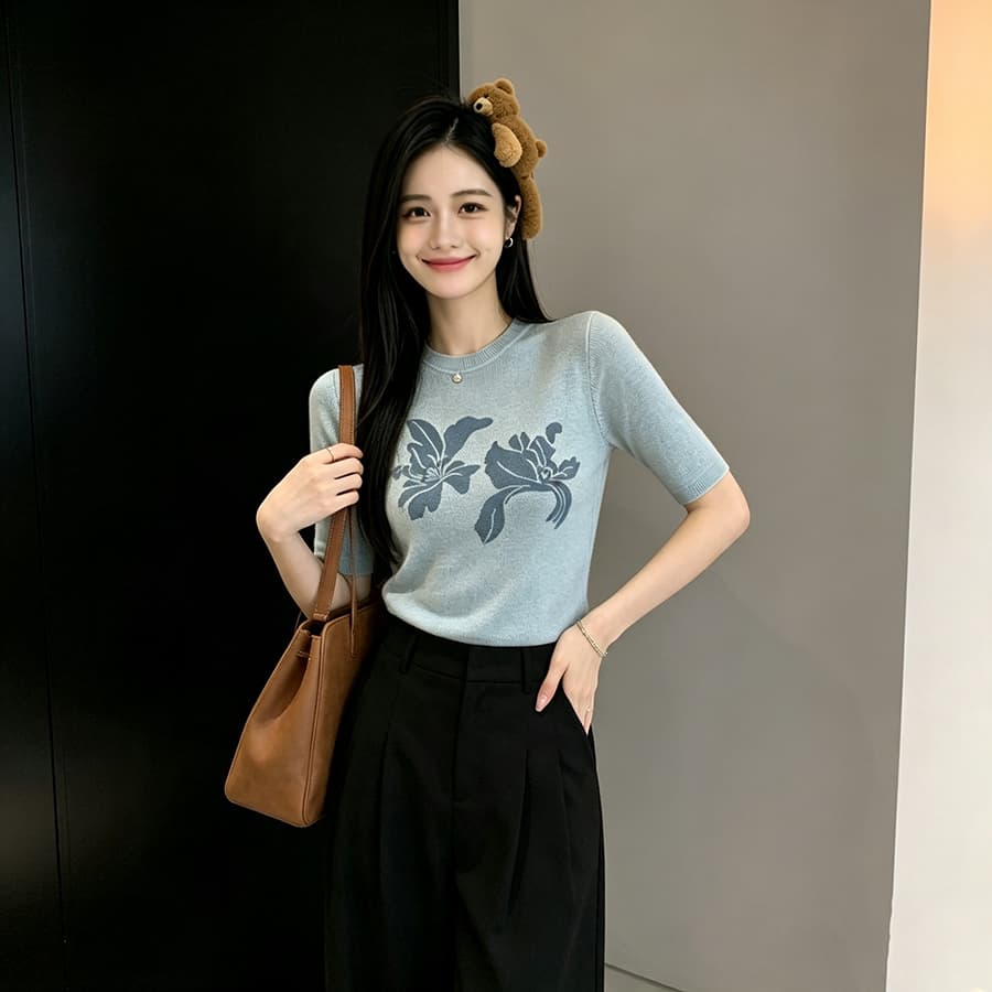 실사 여름 새로운 한국 스타일 순수한 욕망 바람 양모 실 꽃 프린트 몸매 가꾸기 슬림해 보이는 핫걸 니트 스웨터 맨위 여성 상세 이미지 9