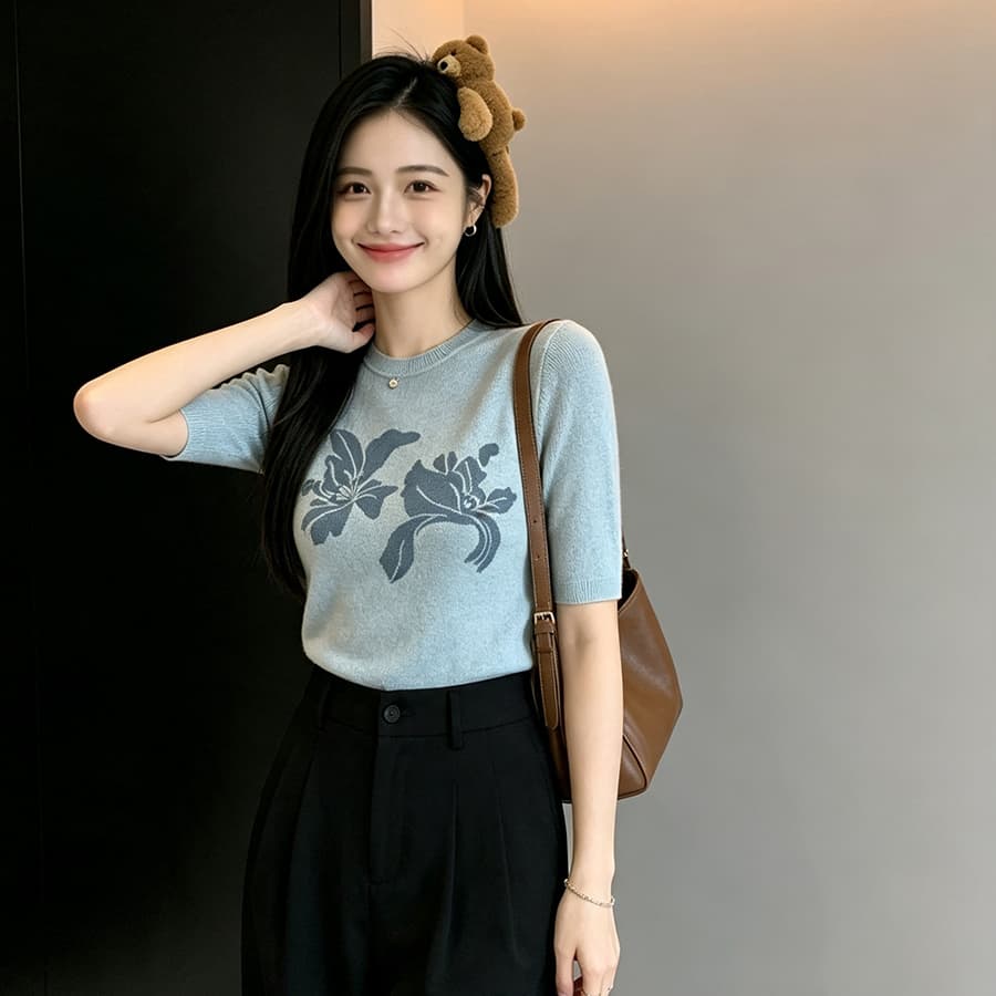 실사 여름 새로운 한국 스타일 순수한 욕망 바람 양모 실 꽃 프린트 몸매 가꾸기 슬림해 보이는 핫걸 니트 스웨터 맨위 여성 상세 이미지 11