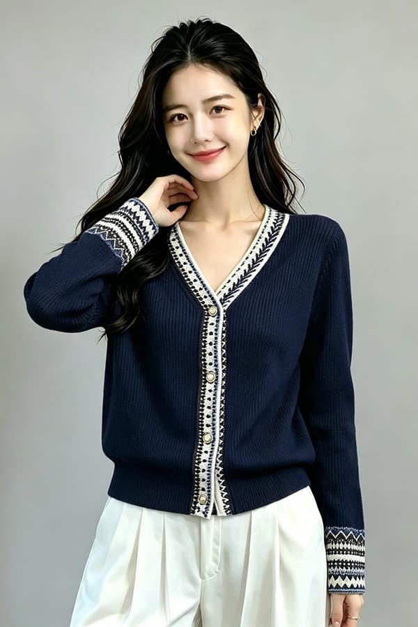 레트로 V넥 니트 스웨터 여성 2026 가을 새로운 맨위 긴팔 V넥 해군 여성 오픈 가디건 스웨터 이미지 6