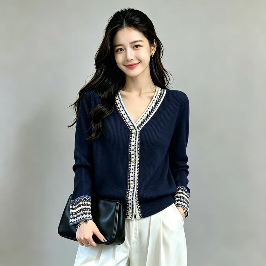 레트로 V넥 니트 스웨터 여성 2026 가을 새로운 맨위 긴팔 V넥 해군 여성 오픈 가디건 스웨터 상세 이미지 2