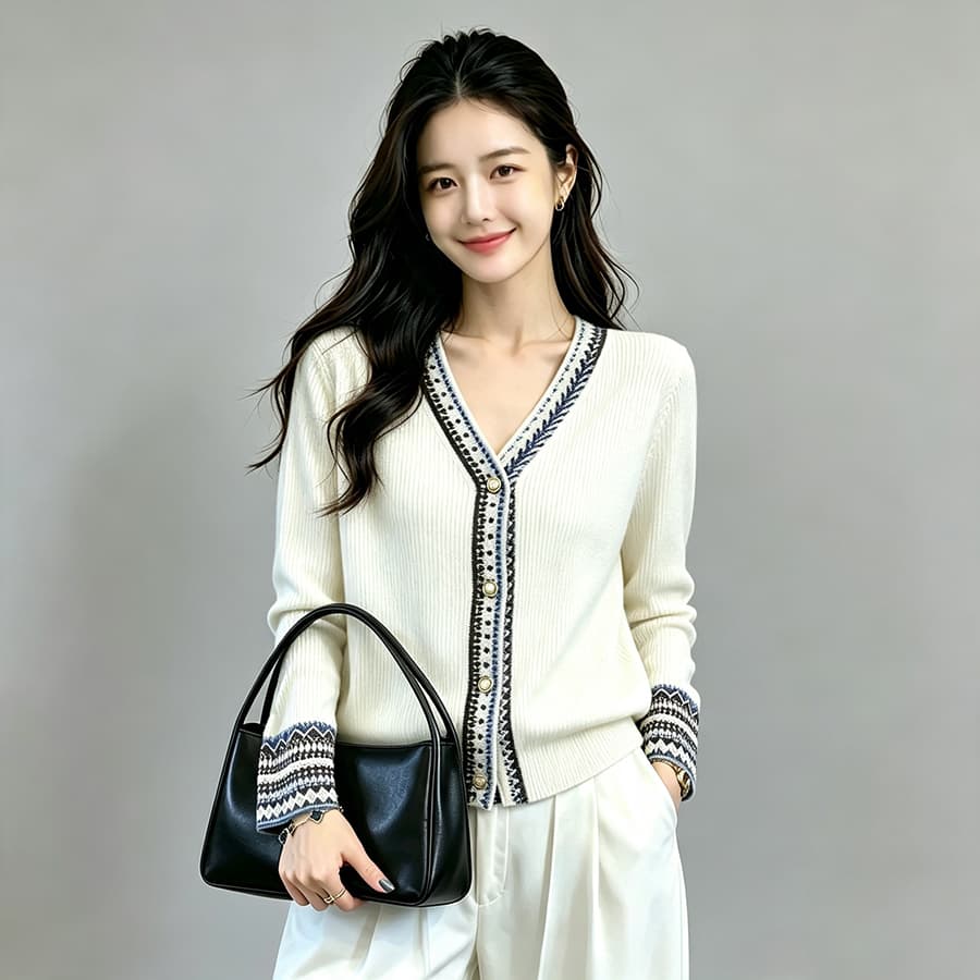 레트로 V넥 니트 스웨터 여성 2026 가을 새로운 맨위 긴팔 V넥 해군 여성 오픈 가디건 스웨터 상세 이미지 7