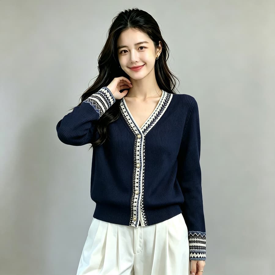 레트로 V넥 니트 스웨터 여성 2026 가을 새로운 맨위 긴팔 V넥 해군 여성 오픈 가디건 스웨터 상세 이미지 9
