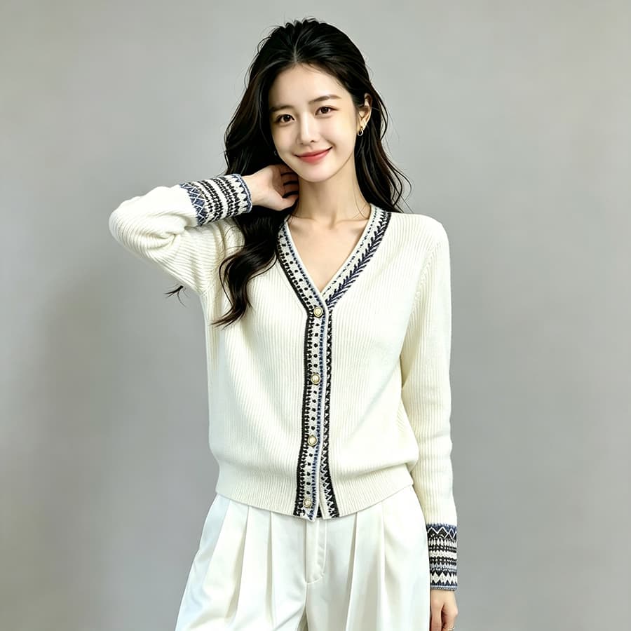 레트로 V넥 니트 스웨터 여성 2026 가을 새로운 맨위 긴팔 V넥 해군 여성 오픈 가디건 스웨터 상세 이미지 10