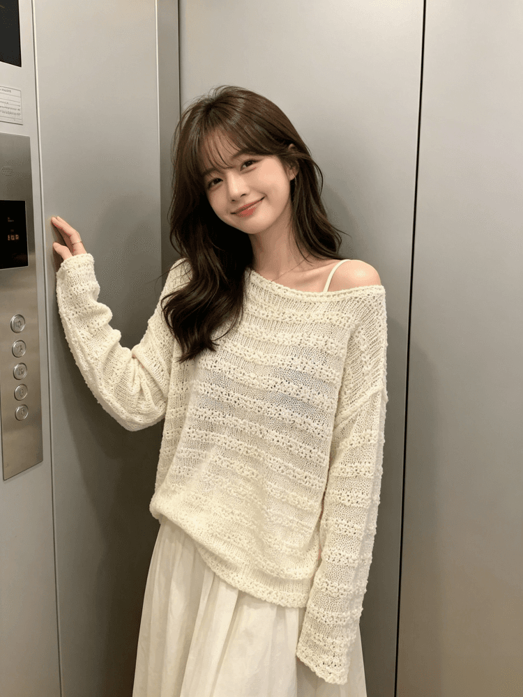 높음 물품 조기 멋진 가을 센스 벨트 실 홀로우 아웃 니트 자외선 차단 블라우스 여성 2026 새로운 루즈핏 외부 잡아라. 의류 이미지 2