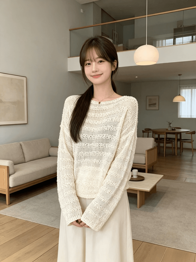 높음 물품 조기 멋진 가을 센스 벨트 실 홀로우 아웃 니트 자외선 차단 블라우스 여성 2026 새로운 루즈핏 외부 잡아라. 의류 상세 이미지 7