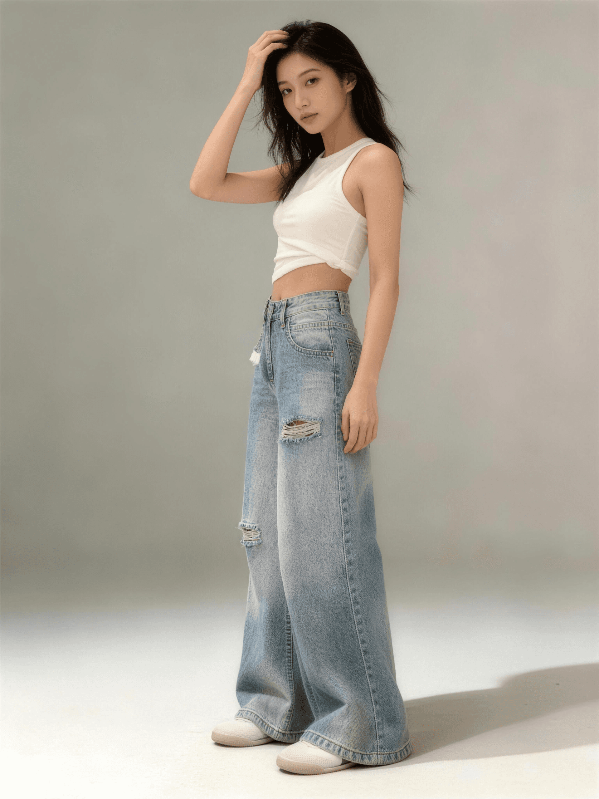 실사 150 작은 짧은 남자 찢어진 부분 마 오래된 청바지 여성 봄 여름 레트로 슬림해 보이는 하이웨이스트 넓은 다리 바닥 청소 바지 상세 이미지 5