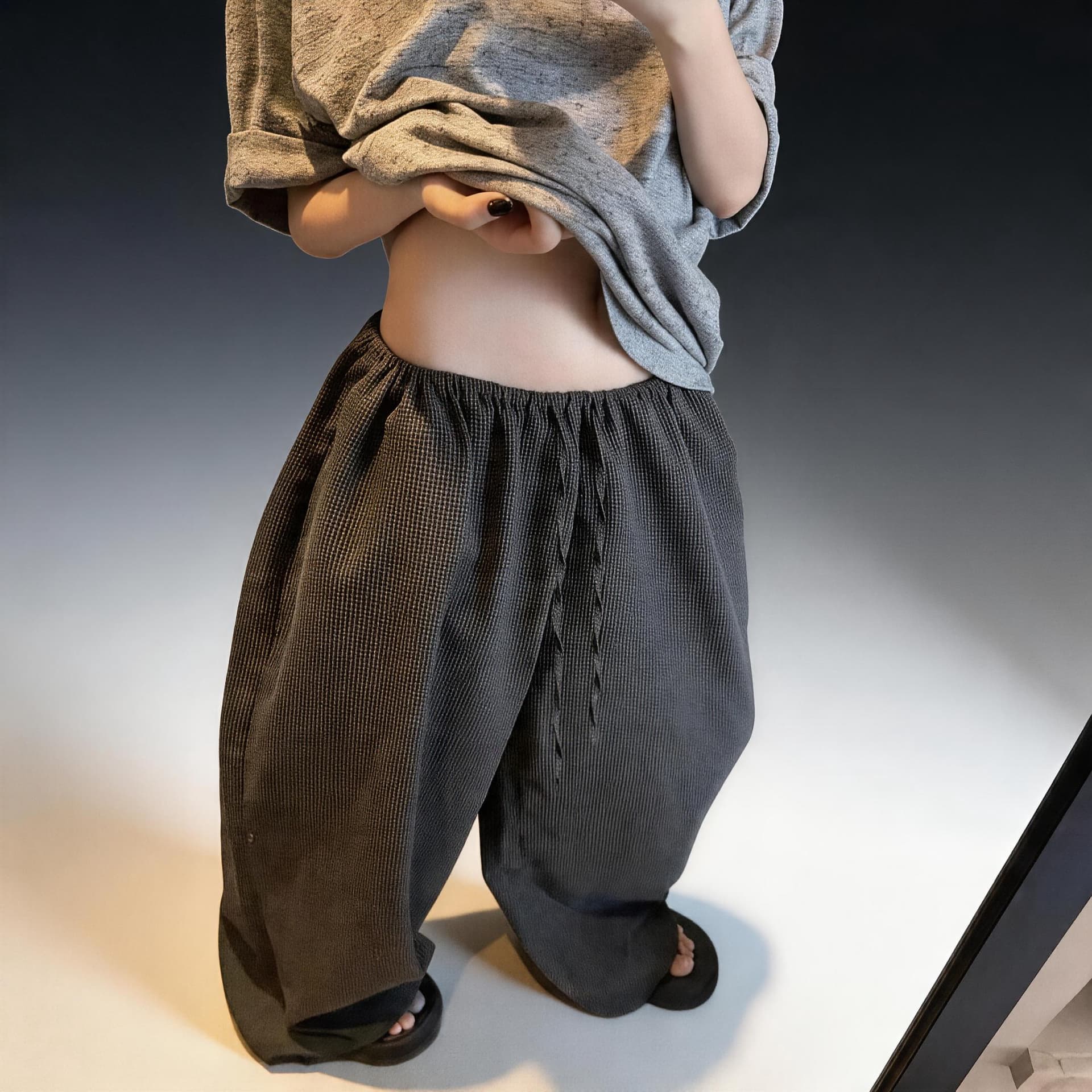 실사 150 작은 짧은 남자 느긋한 작은 격자 와이드 레깅스 바지 가을 펌프 로프 캐주얼 바지 하이웨이스트 루즈핏 바닥 청소 바지