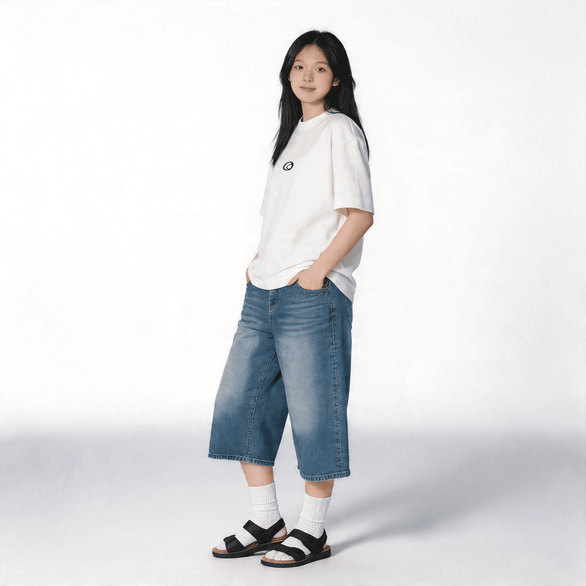 높은 품질 150 작은 짧은 남자 워싱 데님 7부 바지 여성 가을 아메리칸 스트레이트 하이웨이스트 넓은 다리 슬림해 보이는 바지 이미지 2