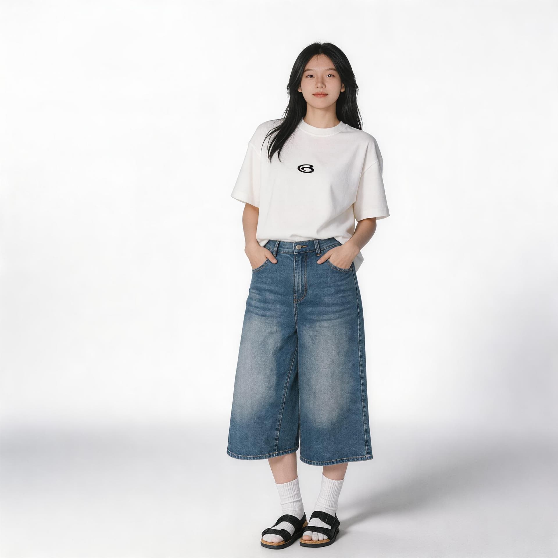 높은 품질 150 작은 짧은 남자 워싱 데님 7부 바지 여성 가을 아메리칸 스트레이트 하이웨이스트 넓은 다리 슬림해 보이는 바지 상세 이미지 4