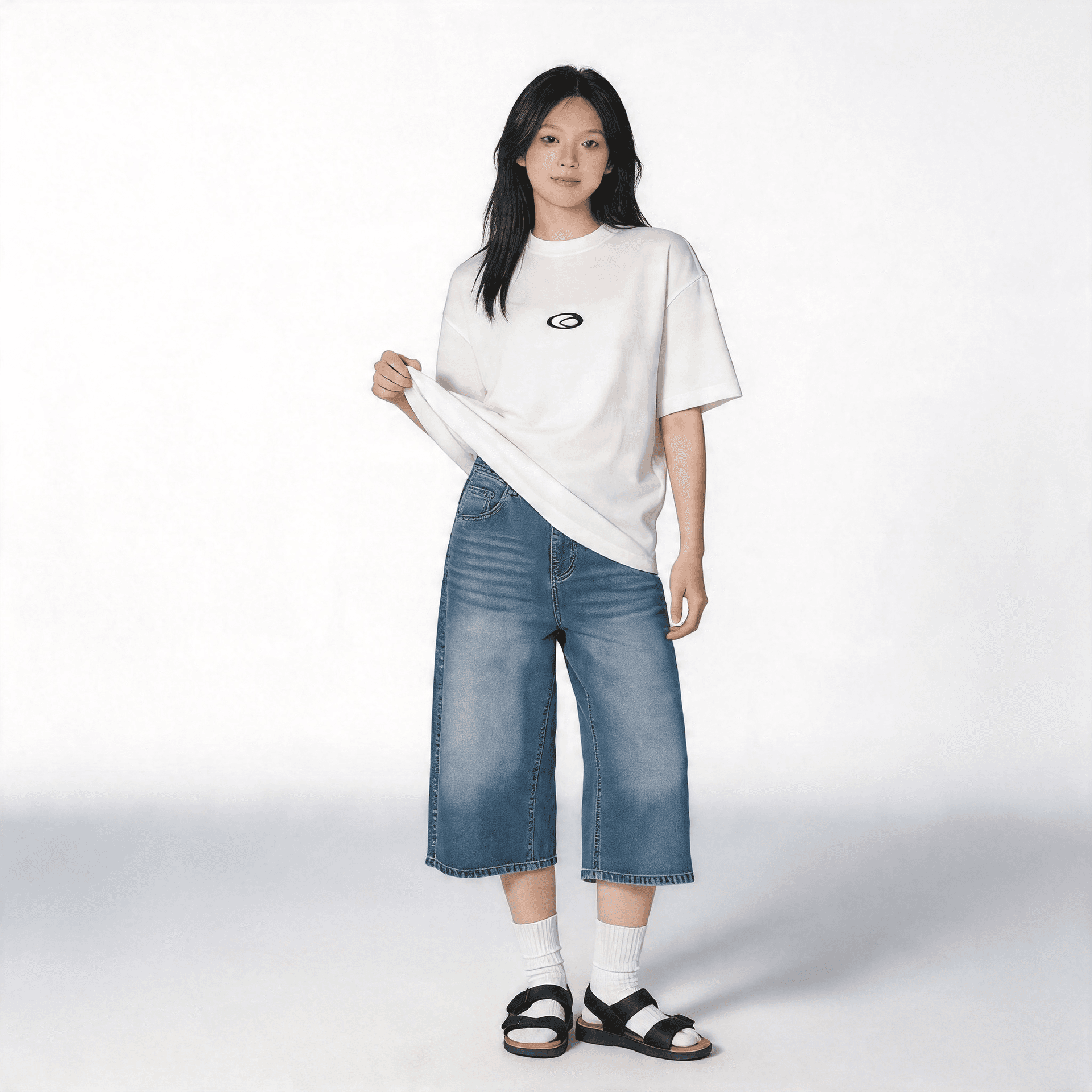 높은 품질 150 작은 짧은 남자 워싱 데님 7부 바지 여성 가을 아메리칸 스트레이트 하이웨이스트 넓은 다리 슬림해 보이는 바지 상세 이미지 5