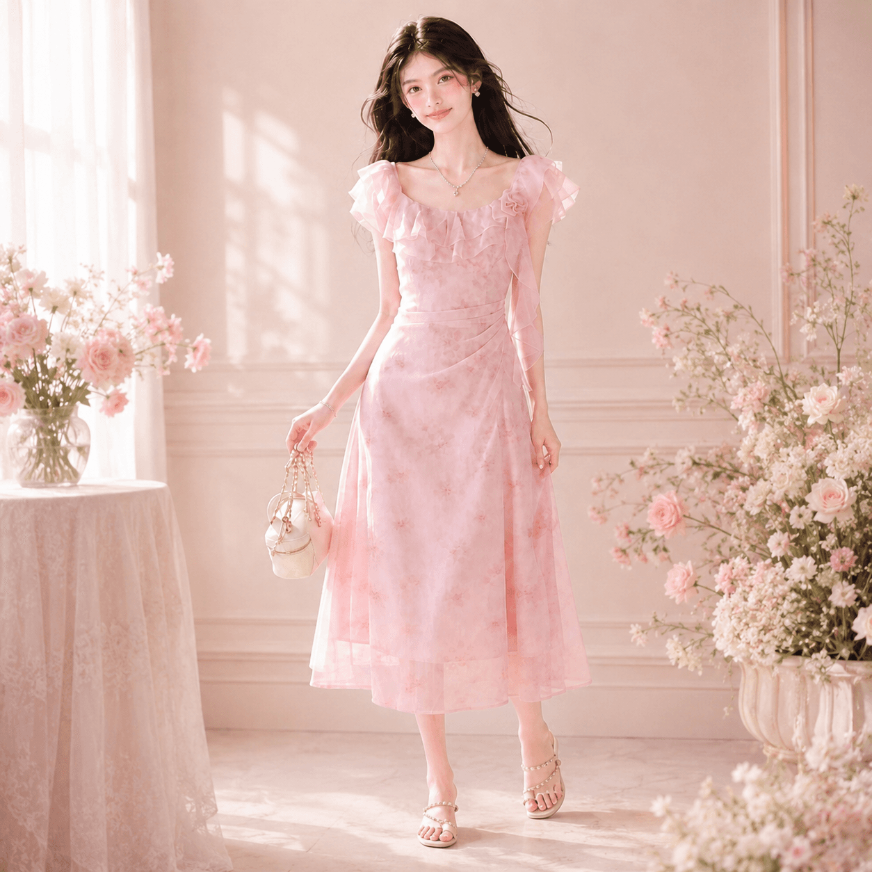 실사 150 작은 짧은 남자 꽃무늬 광장 칼라 여성 드레스 봄 여름 프랑스식 프릴 슬림해 보이는 허리 수축 A라인 스커트 이미지 3