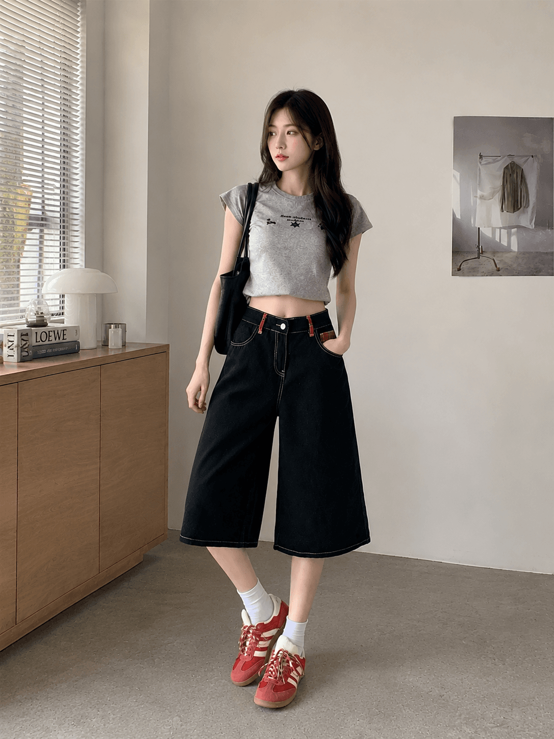 높은 품질 150 작은 짧은 남자 체크무늬 패치워크 청바지 여성 여름 아메리칸 7부 바지 하이웨이스트 넓은 다리 바지 이미지 2