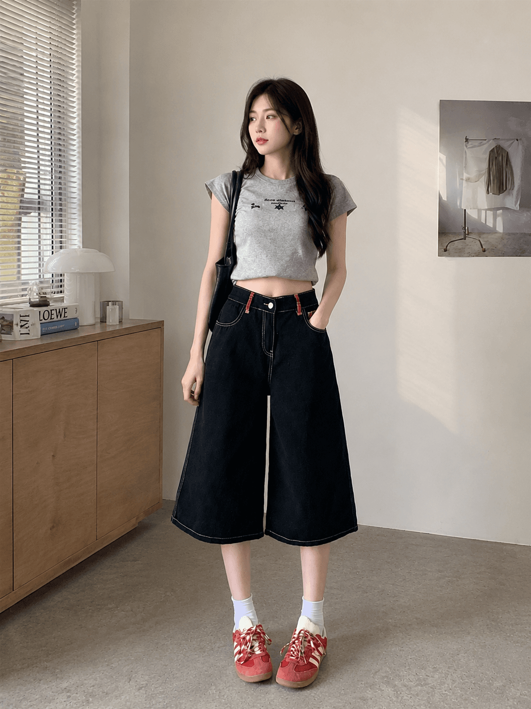 높은 품질 150 작은 짧은 남자 체크무늬 패치워크 청바지 여성 여름 아메리칸 7부 바지 하이웨이스트 넓은 다리 바지 이미지 3