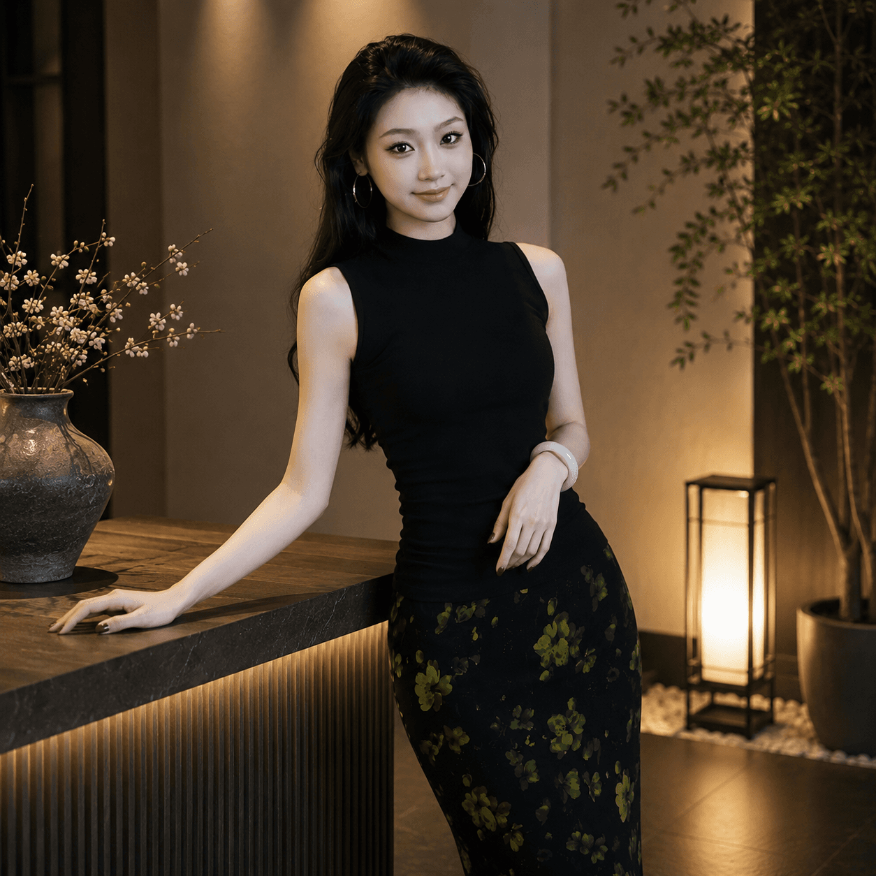 실사 150 작은 짧은 남자 반하이넥 민소매 조끼 여성 여름 중간 길이 꽃무늬 치마 티셔츠 맨위 세트 상세 이미지 2