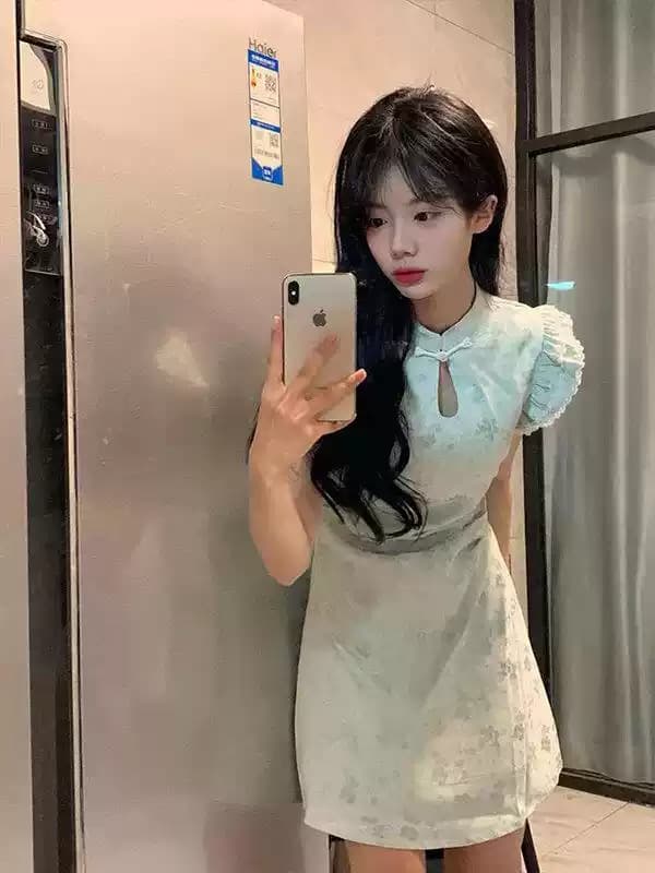 실사 150 작은 짧은 남자 국풍 개선 치파오 여성 드레스 봄 허리 수축 작은 날다 소매 새로운 중식 A라인 스커트 이미지 2