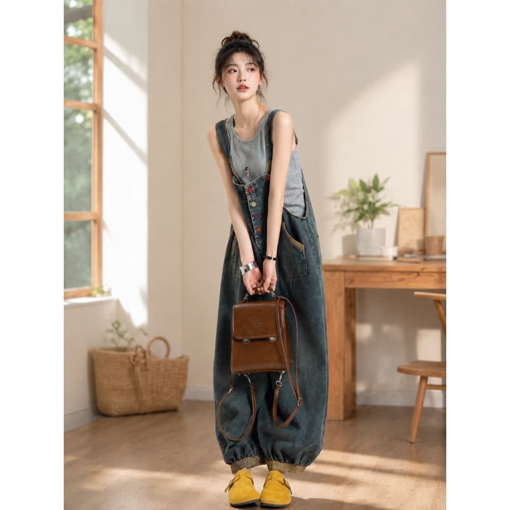 실사 150 작은 짧은 남자 슬립 레트로 점프 슈트 여름 캐주얼 루즈핏 데님 9 포인트 멜빵 바지 상세 이미지 4
