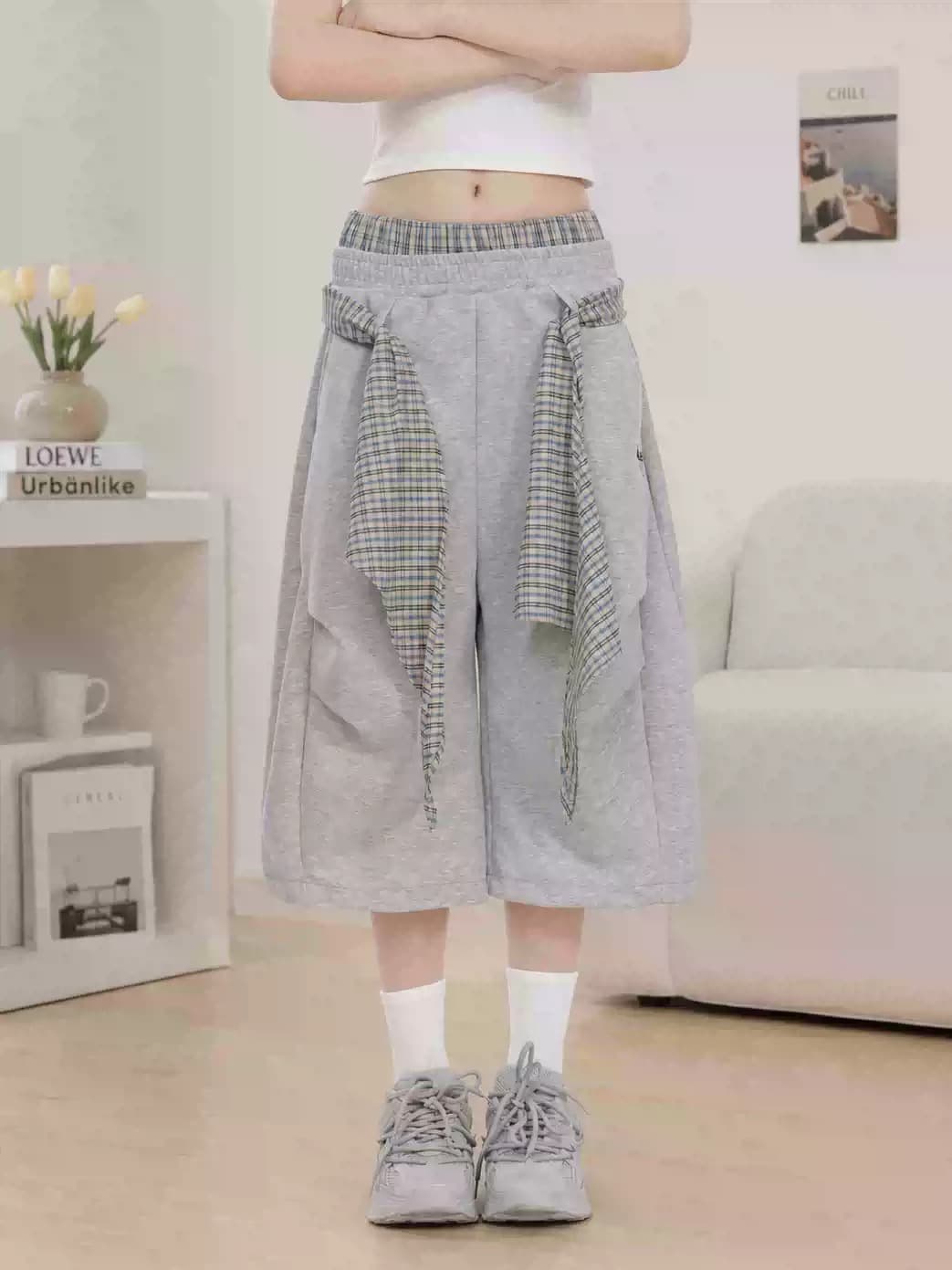 높은 품질 150 작은 짧은 남자 체크무늬 방귀 커튼 7부 바지 여성 여름 하이웨이스트 아메리칸 더블 허리 머리 넓은 다리 운동 바지 이미지 2