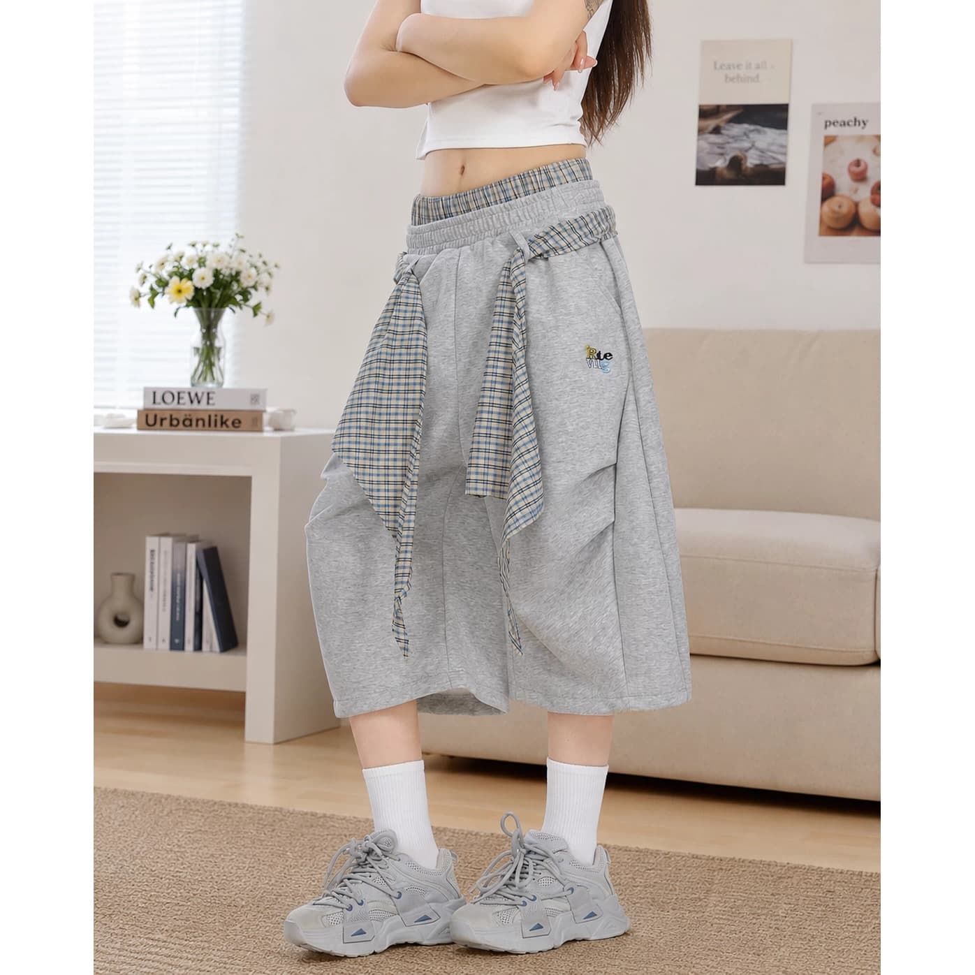 높은 품질 150 작은 짧은 남자 체크무늬 방귀 커튼 7부 바지 여성 여름 하이웨이스트 아메리칸 더블 허리 머리 넓은 다리 운동 바지 상세 이미지 2