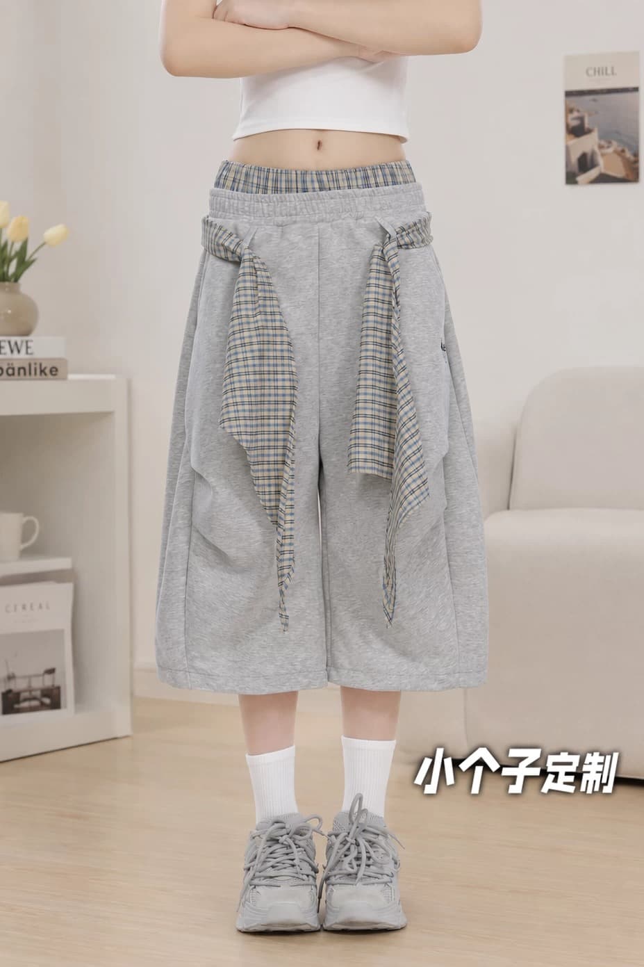 높은 품질 150 작은 짧은 남자 체크무늬 방귀 커튼 7부 바지 여성 여름 하이웨이스트 아메리칸 더블 허리 머리 넓은 다리 운동 바지 상세 이미지 6