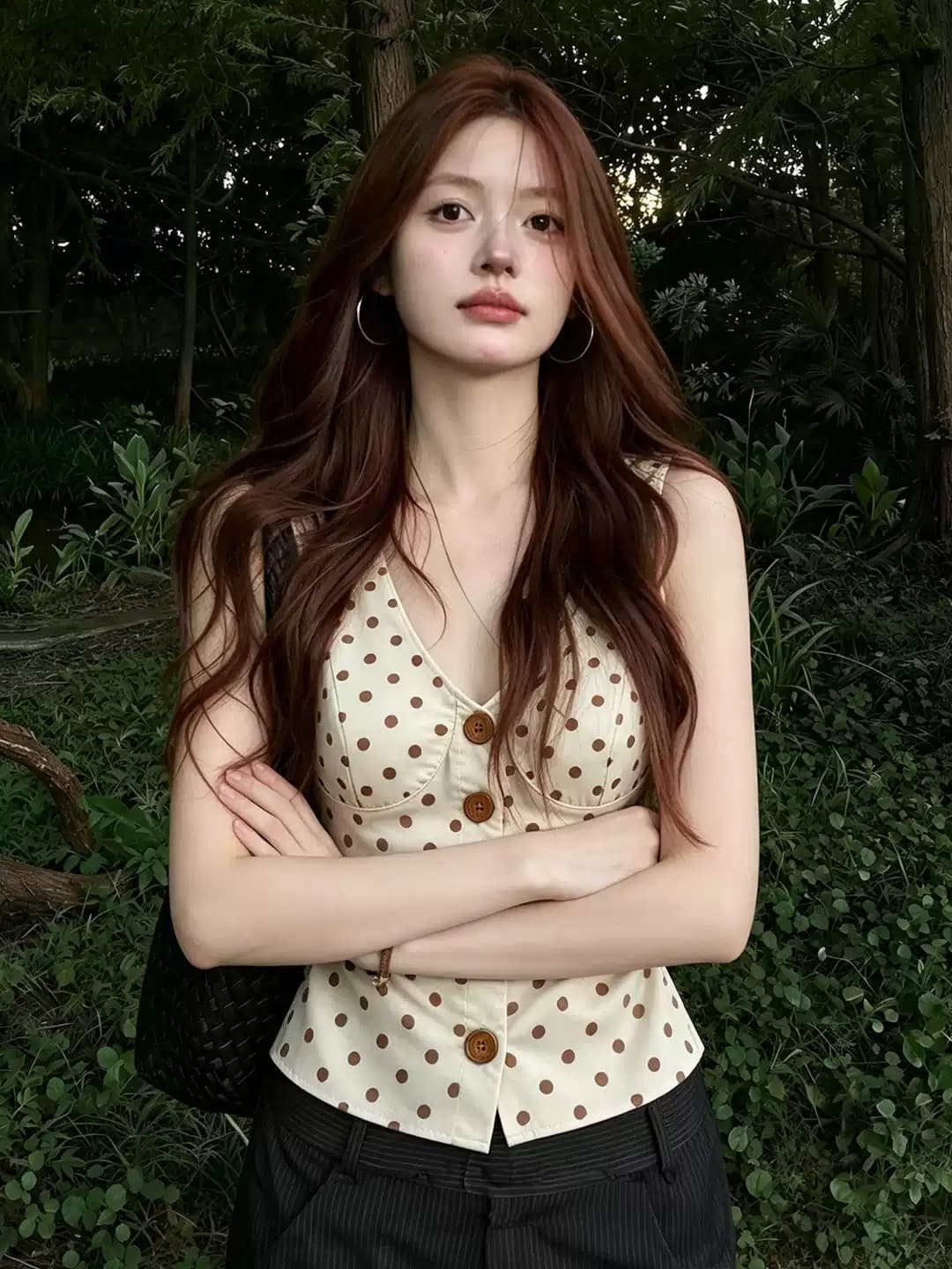 높은 품질 150 작은 짧은 남자 도트 무늬 민소매 조끼 여성 여름 슬림해 보이는 핫걸 맨위 아름다운 행침 목 슬립 이미지 3