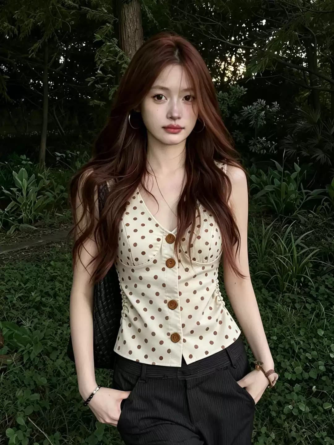 높은 품질 150 작은 짧은 남자 도트 무늬 민소매 조끼 여성 여름 슬림해 보이는 핫걸 맨위 아름다운 행침 목 슬립