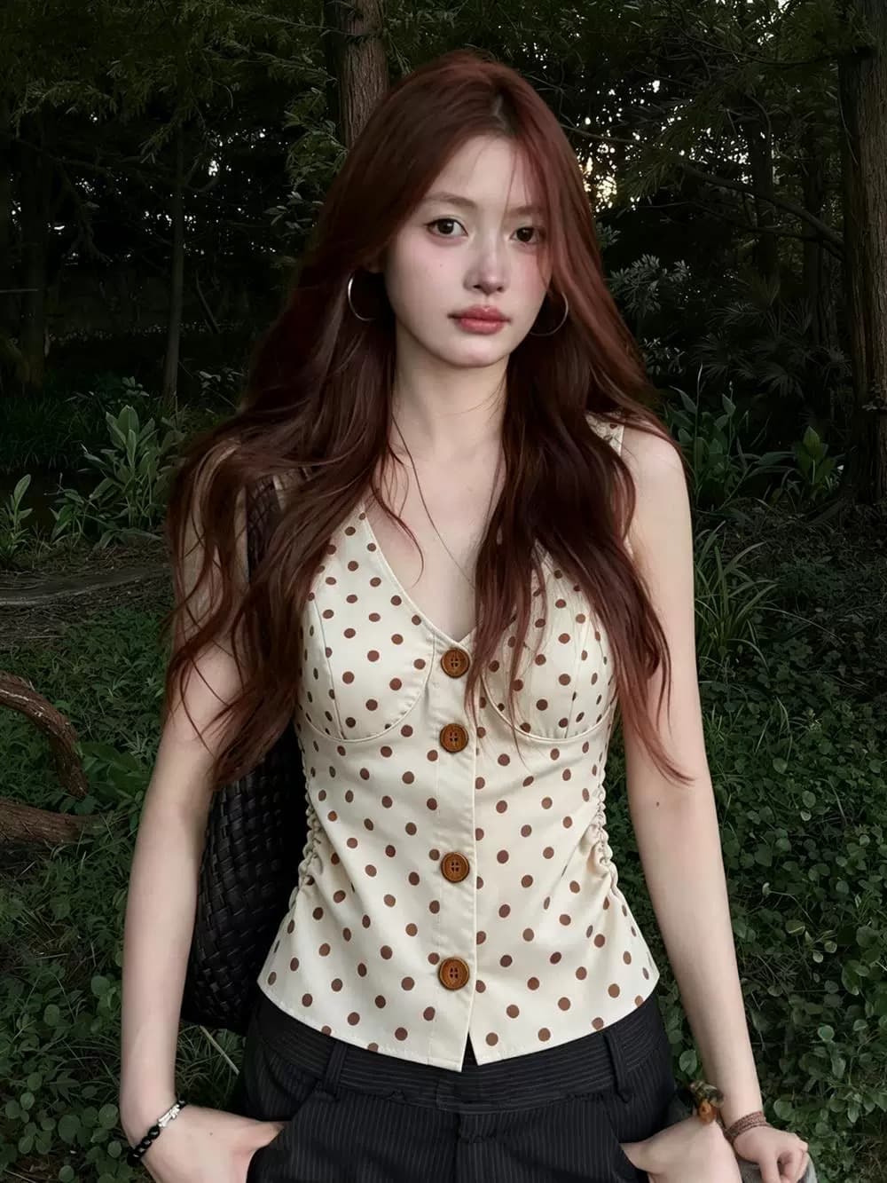 높은 품질 150 작은 짧은 남자 도트 무늬 민소매 조끼 여성 여름 슬림해 보이는 핫걸 맨위 아름다운 행침 목 슬립 상세 이미지 2