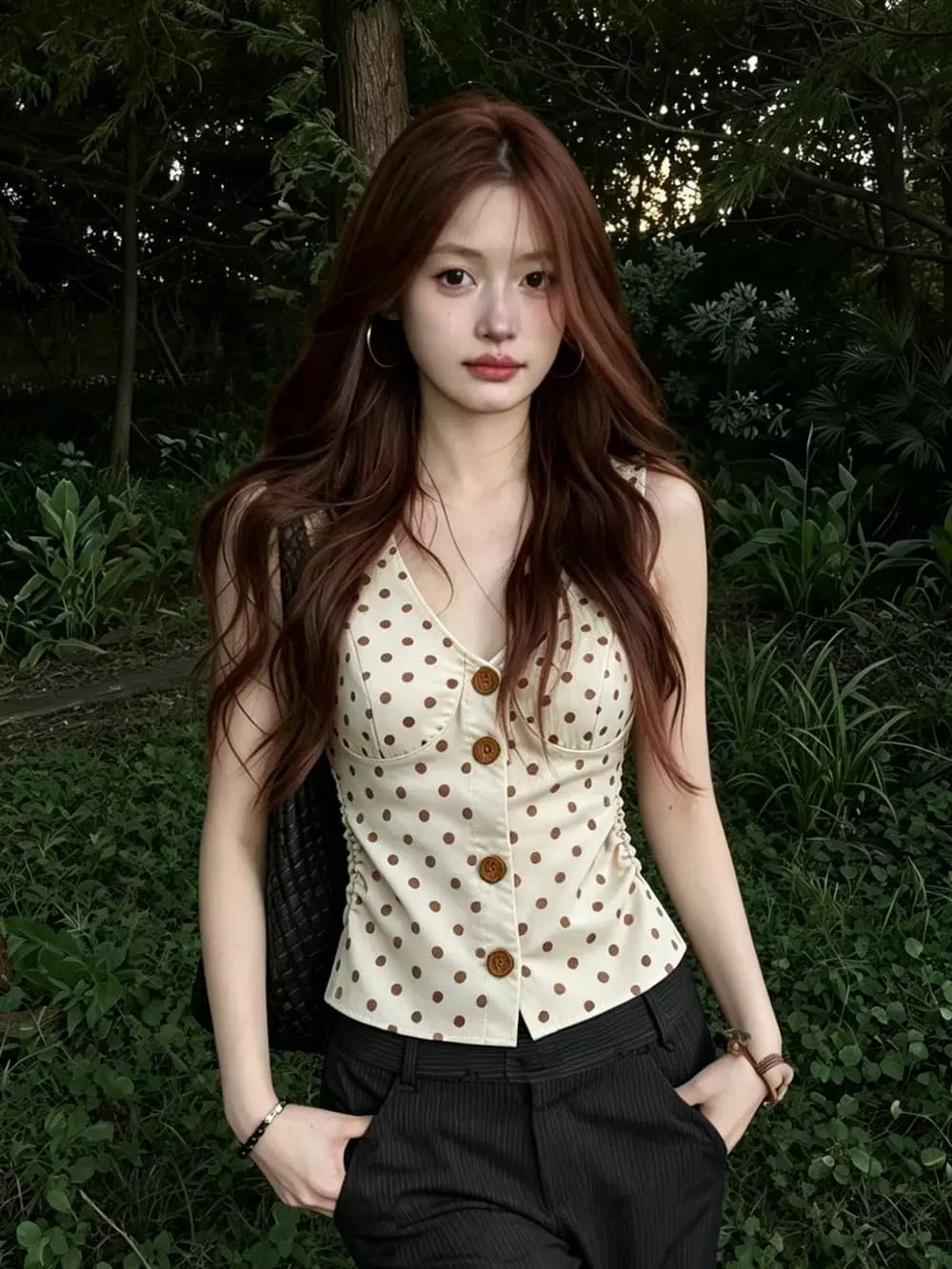 높은 품질 150 작은 짧은 남자 도트 무늬 민소매 조끼 여성 여름 슬림해 보이는 핫걸 맨위 아름다운 행침 목 슬립 상세 이미지 3