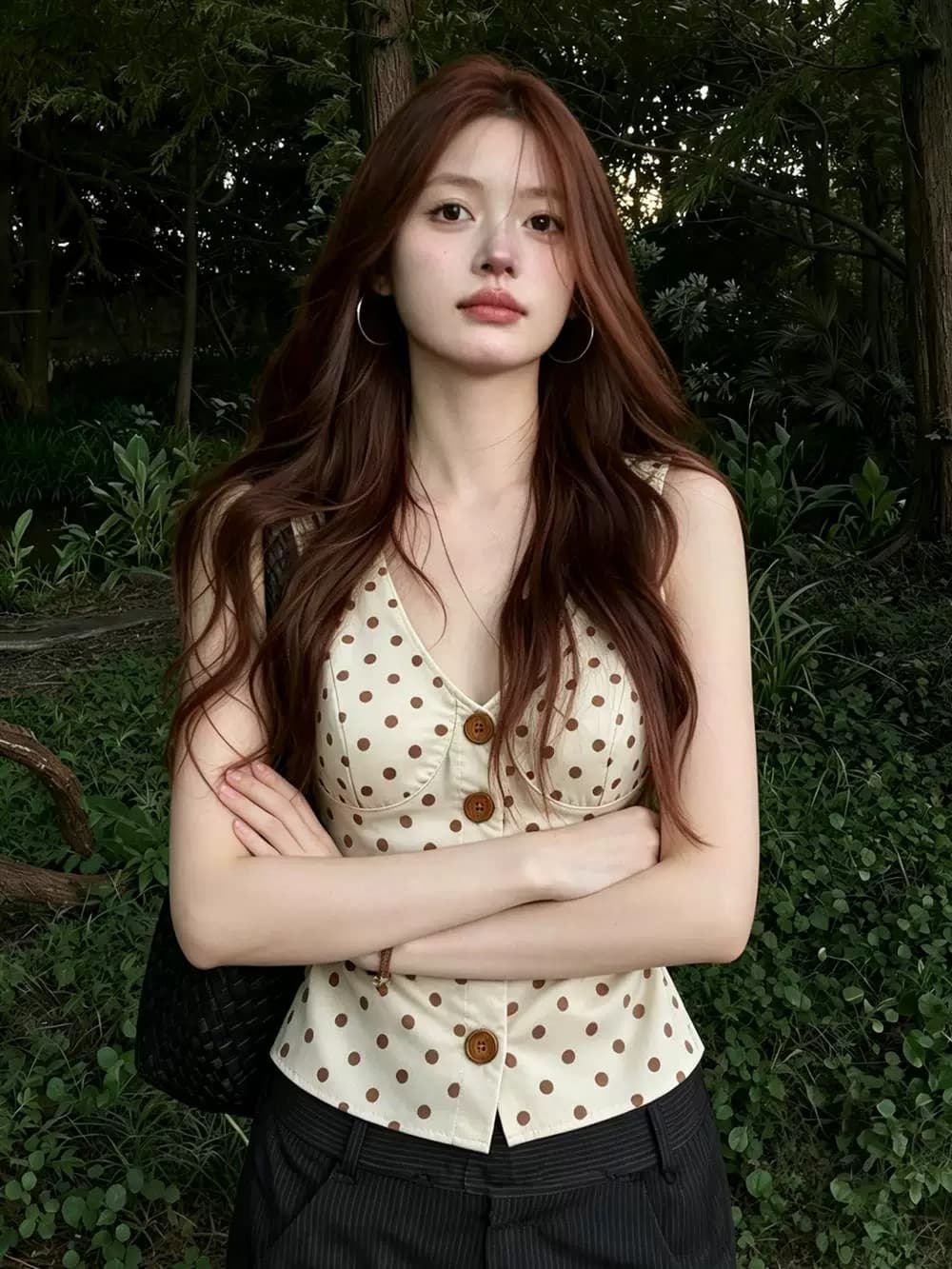 높은 품질 150 작은 짧은 남자 도트 무늬 민소매 조끼 여성 여름 슬림해 보이는 핫걸 맨위 아름다운 행침 목 슬립 상세 이미지 5