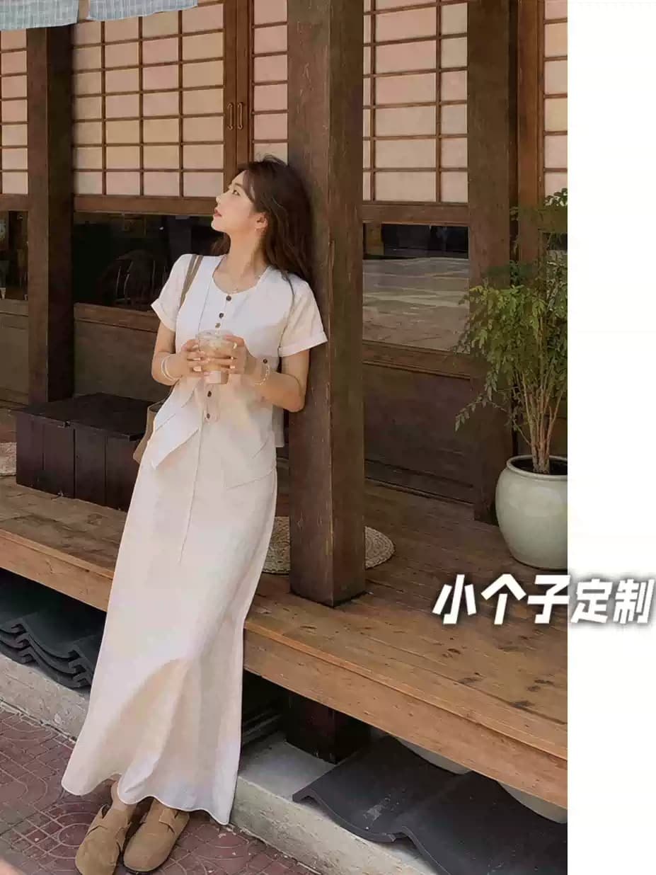 실사 150 작은 짧은 남자 아마 페이크 레이어드 반팔 여성 셔츠 여름 품격 하이웨이스트 한 마디 반신 치마 세트