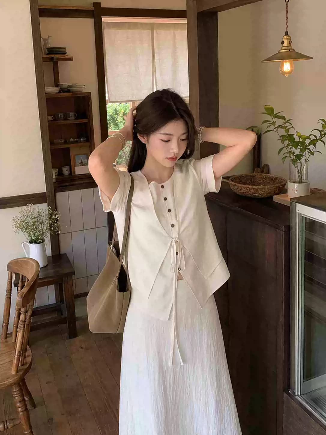 실사 150 작은 짧은 남자 아마 페이크 레이어드 반팔 여성 셔츠 여름 품격 하이웨이스트 한 마디 반신 치마 세트 이미지 4
