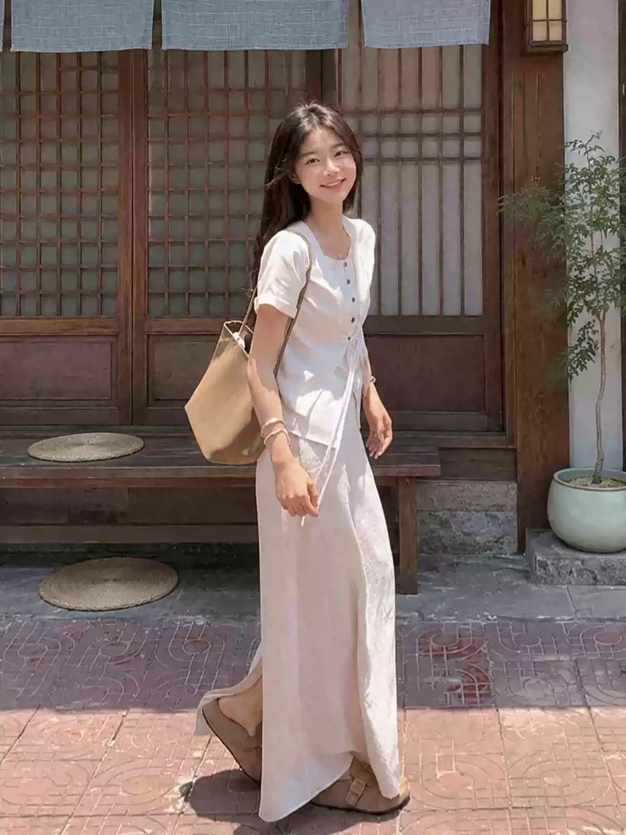 실사 150 작은 짧은 남자 아마 페이크 레이어드 반팔 여성 셔츠 여름 품격 하이웨이스트 한 마디 반신 치마 세트 이미지 2