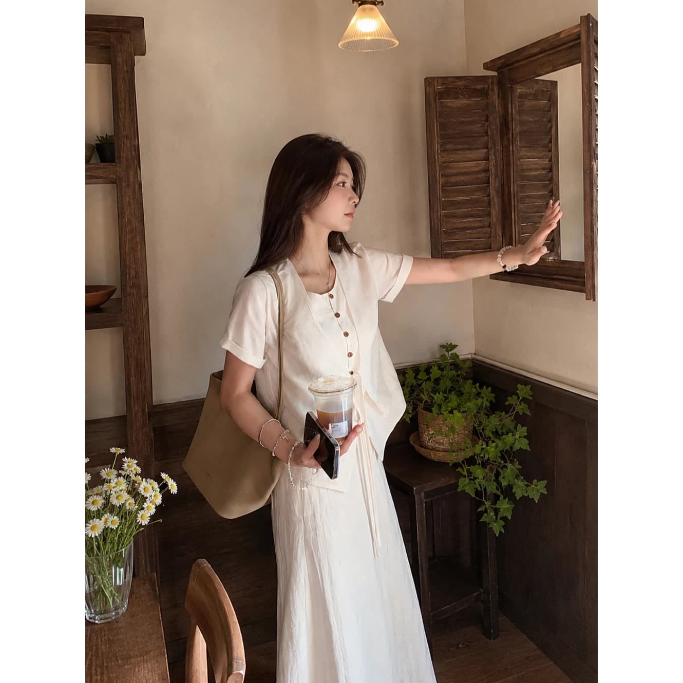실사 150 작은 짧은 남자 아마 페이크 레이어드 반팔 여성 셔츠 여름 품격 하이웨이스트 한 마디 반신 치마 세트 상세 이미지 5