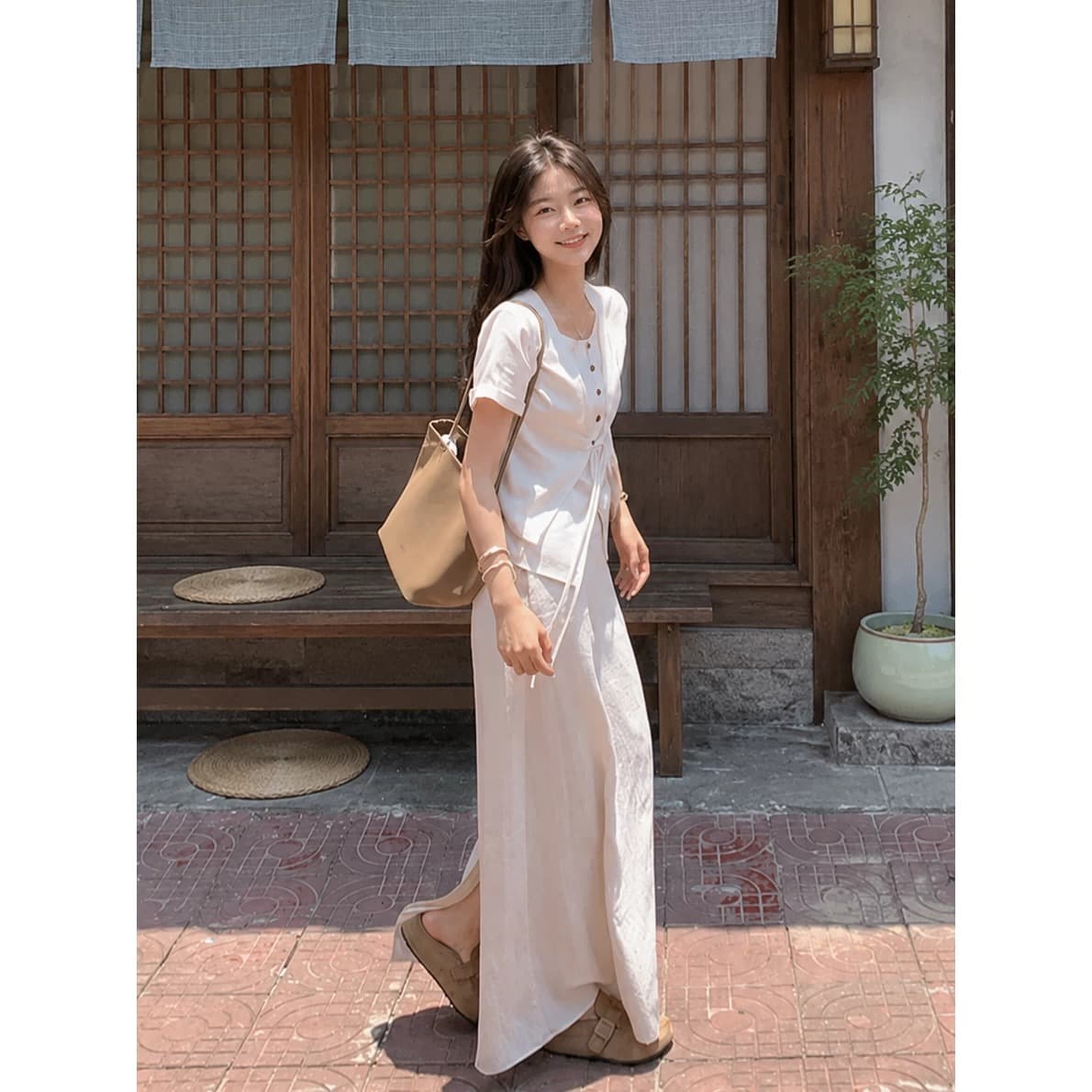 실사 150 작은 짧은 남자 아마 페이크 레이어드 반팔 여성 셔츠 여름 품격 하이웨이스트 한 마디 반신 치마 세트 상세 이미지 6