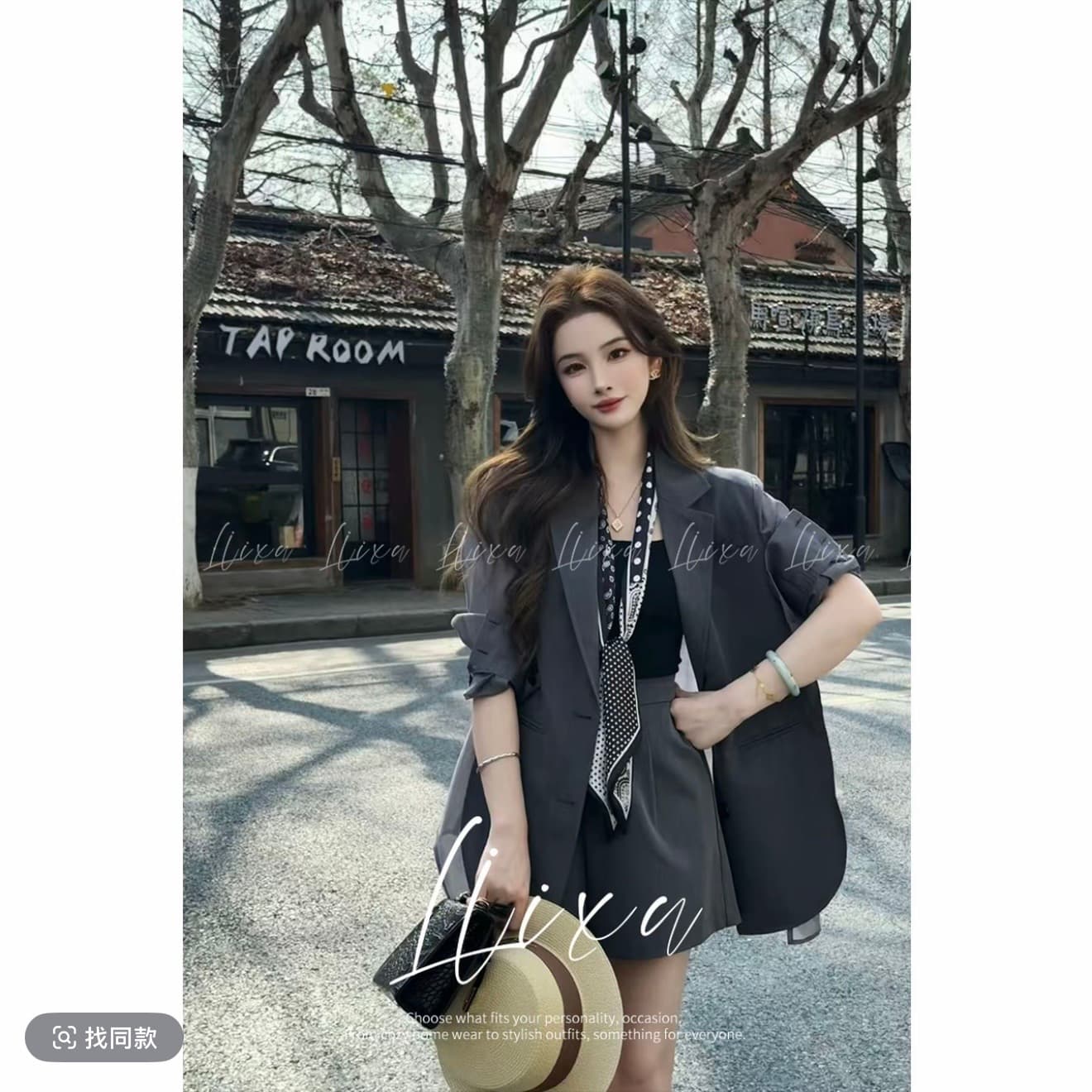 당나라 작은 느릅 나무 직각 어깨 종이 사람들 얇은 패치워크 정장 세트 여성 2026 봄 하이웨이스트 슬림해 보이는 상세 이미지 3