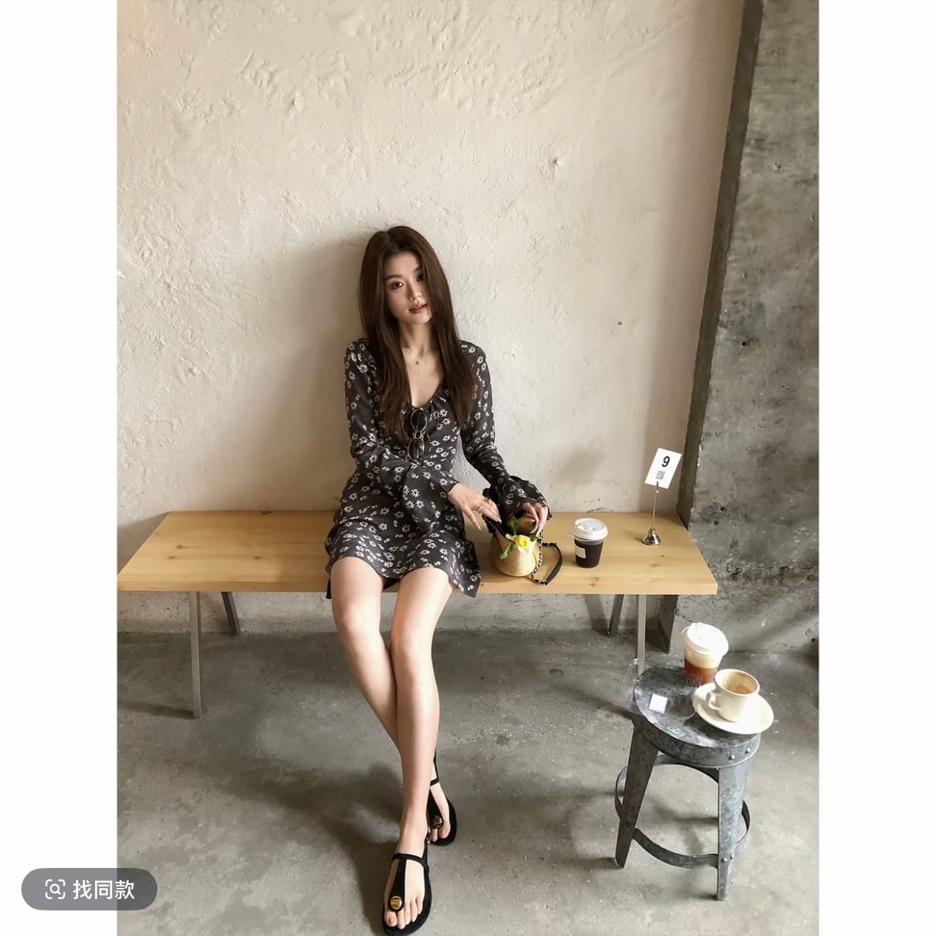 감기 미학 빛 럭셔리 100 명 실크 레이스업 나팔 소매 작은 데이지 프린트 드레스 이미지 5