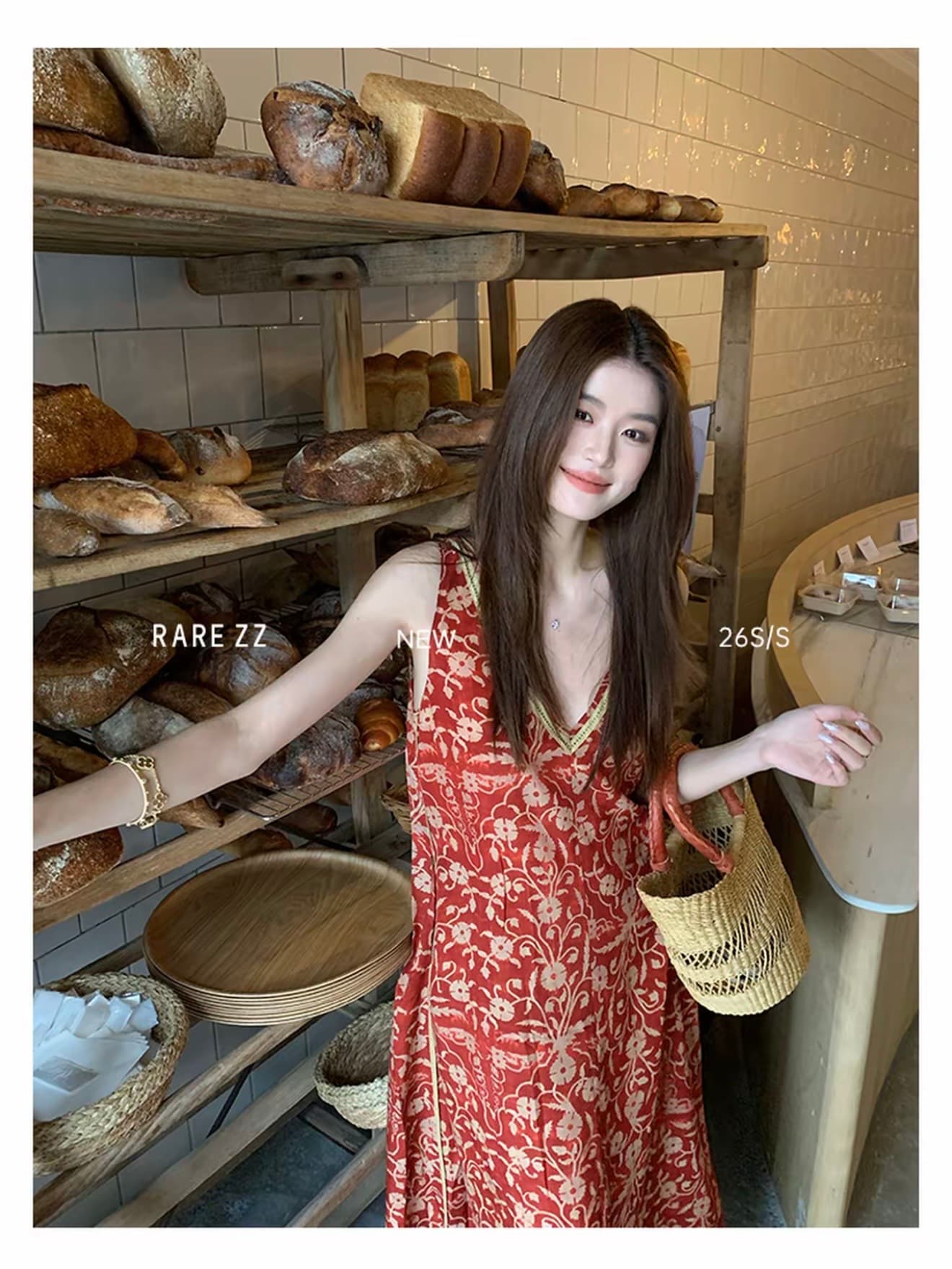프랑스식 부드러운 고급 빨간색 프린트 휴가 루즈핏 단어 버전 슬림해 보이는 슬립 드레스 이미지 2