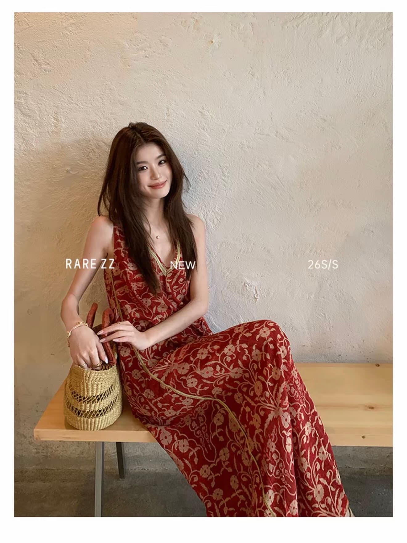 프랑스식 부드러운 고급 빨간색 프린트 휴가 루즈핏 단어 버전 슬림해 보이는 슬립 드레스 상세 이미지 2