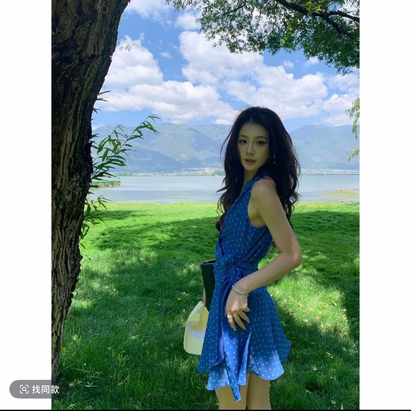 빨간색 블루 아이리스 100 명 실크 무거운 작업 맞춤 프린트 디자인 센스 허리 수축 스트랩 드레스 상세 이미지 4