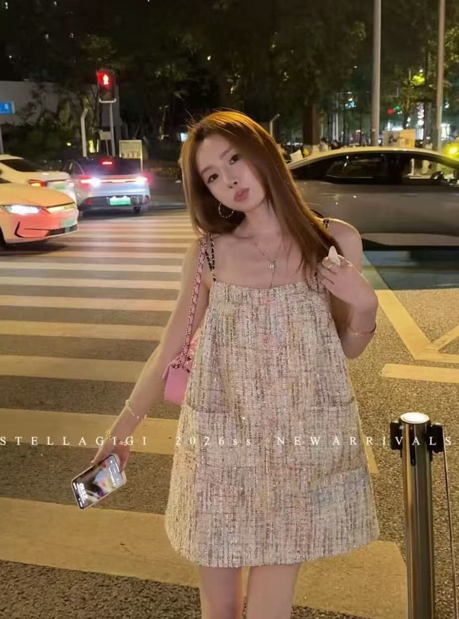 sg 양 에 따르면 샨 ss 프랑스식 트위드 색상 실 작은 샤넬 스타일 슬립 드레스 이미지 2