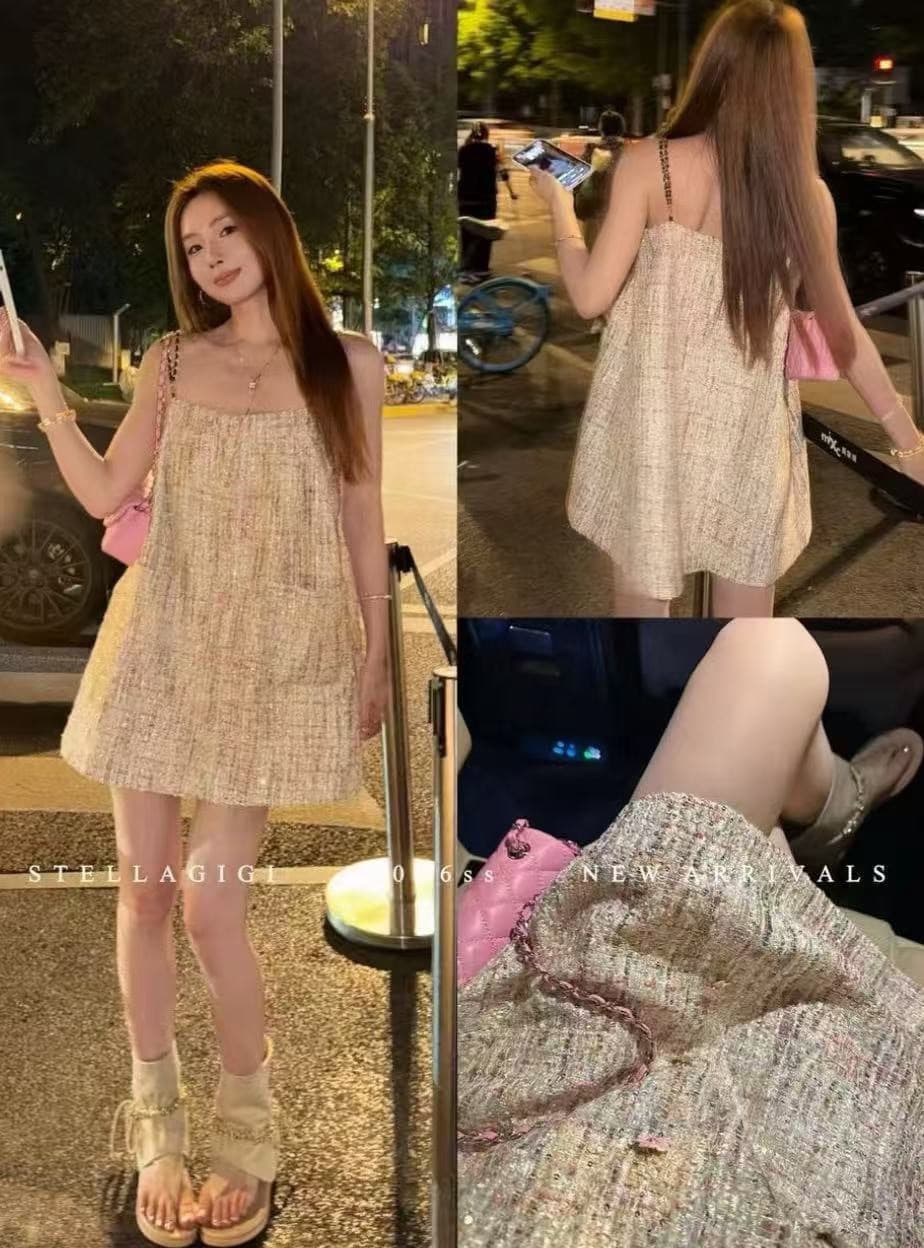 sg 양 에 따르면 샨 ss 프랑스식 트위드 색상 실 작은 샤넬 스타일 슬립 드레스 상세 이미지 2