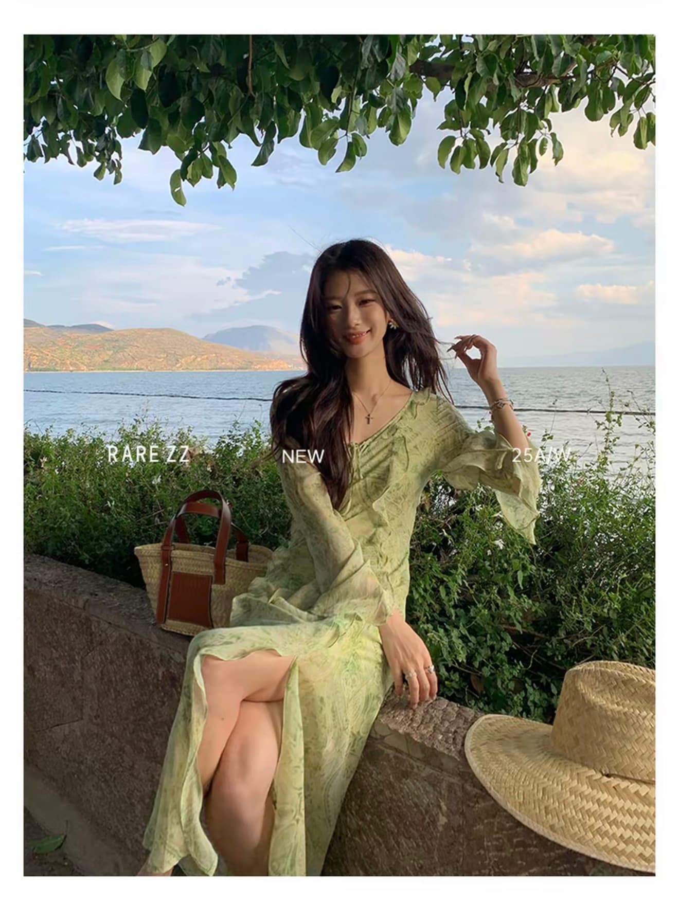 서부 지역 재스민 프랑스식 프릴 프린트 마이크로 ~을 통해 쉬폰 v 칼라 휴가 바람 요정 롱 스커트